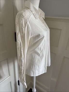 Anne Fontaine Cream Lace-Sleeve Button Down Shirt